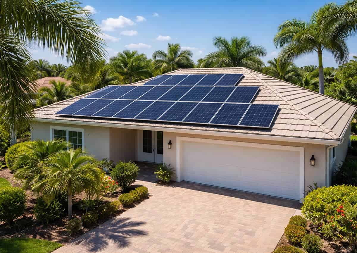 Example used in the Gainesville solar guide: roof-mounted modules above a cream-colored home with leafy foreground planting.