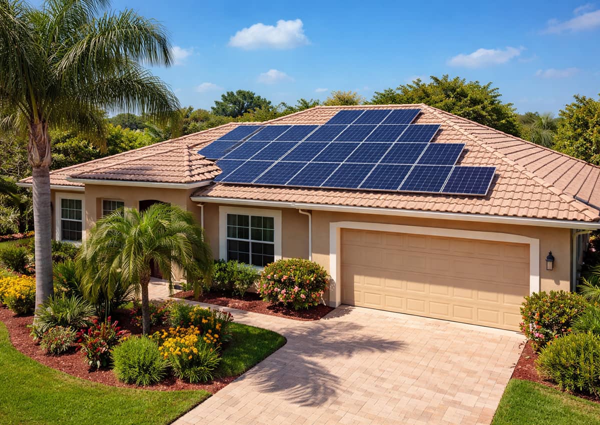 Beautiful Florida home with solar panels installed on roof